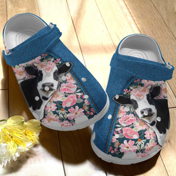 Happy Cow With Pink Flower Clogs Shoes