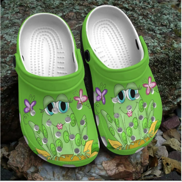 Beautiful Green Frog And Colorful Butterflies Crocs Shoes