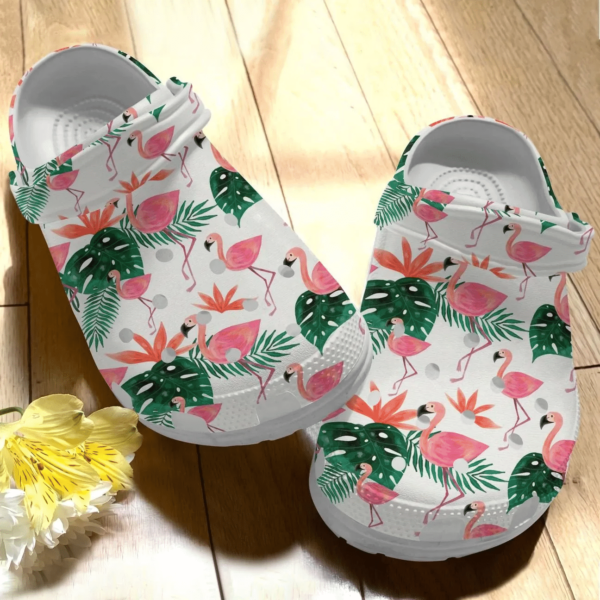 Flamingo With Tropical Plants Clogs Shoes, Animal Print Clogs
