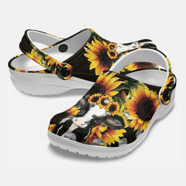 Baby Cow With Beautiful Sunflower Pattern Crocs Shoes, Unisex Highland Cow Slippers