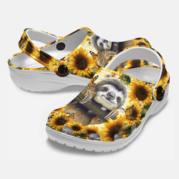 Happy Sloth With Colorful Sunflower Clogs Shoes, Unisex Animal Print Slippers