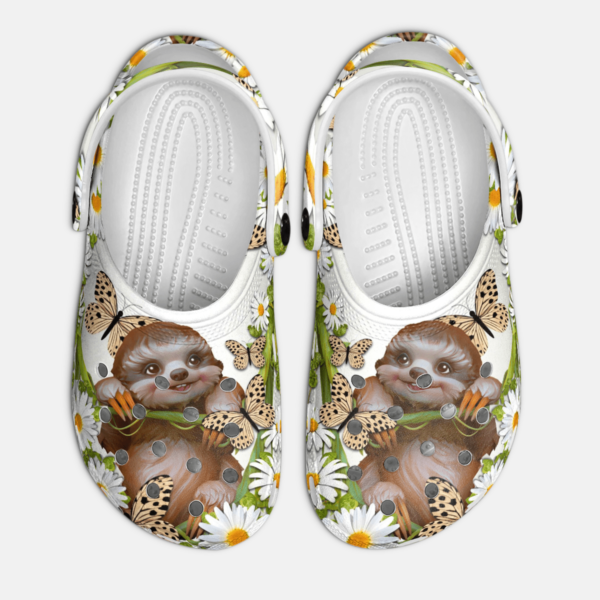 Baby Sloth With Tiny Daisy Clogs Shoes, Unisex Animal Print Slippers
