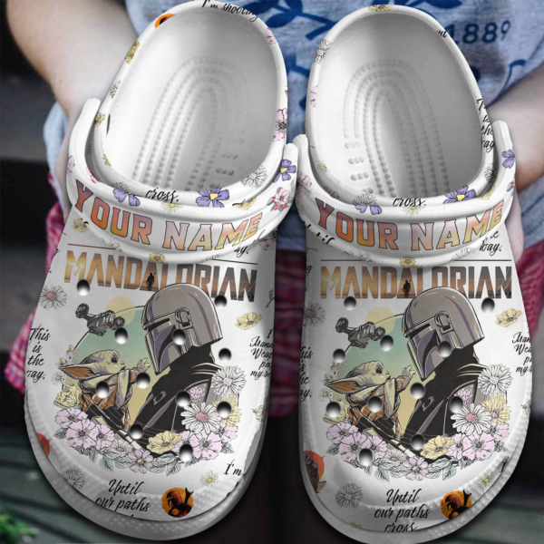 Star Wars Mandalorian & Baby Yoda Floral White Clogs, Movie Characters Clogs For Men And Women