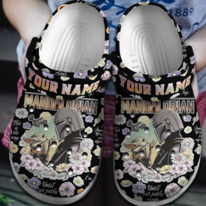 Star Wars Mandalorian & Baby Yoda Floral Black Clogs, Movie Characters Clogs For Men And Women