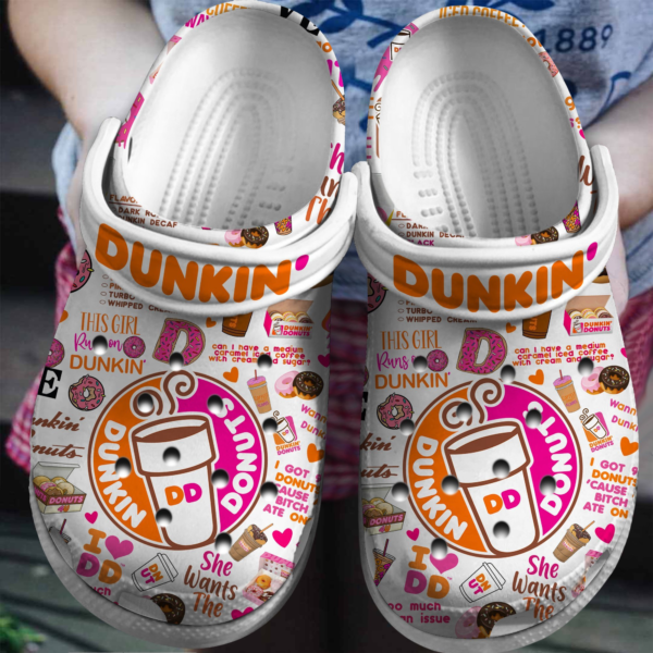 I Love Dunkin Donuts White Clogs, Dunkin Donut Pattern Clogs For Kids And Adults