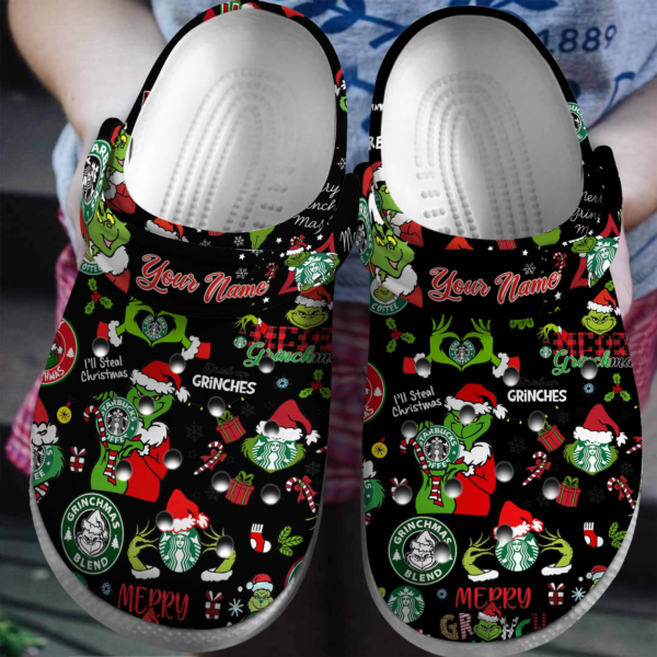 Personalized Grinch And Starbucks Coffee Christmas Crocs, Christmas Black Crocs For Kids And Adults
