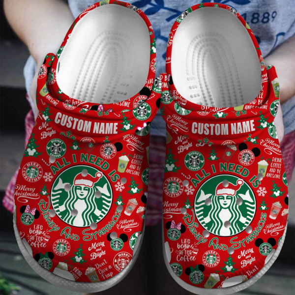 All I Need Is Disney And Starbucks Clogs, Merry Christmas Red Clogs For Kids And Adults