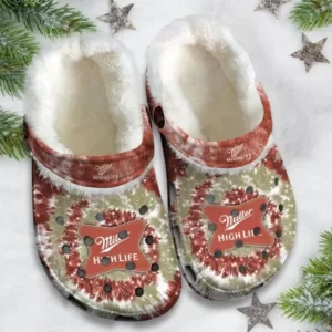 Miller High Life Beer Tie Dye Pattern Fleece Clogs, Warm Fleece Clogs For Winter, Unisex Fleece Lined Clogs