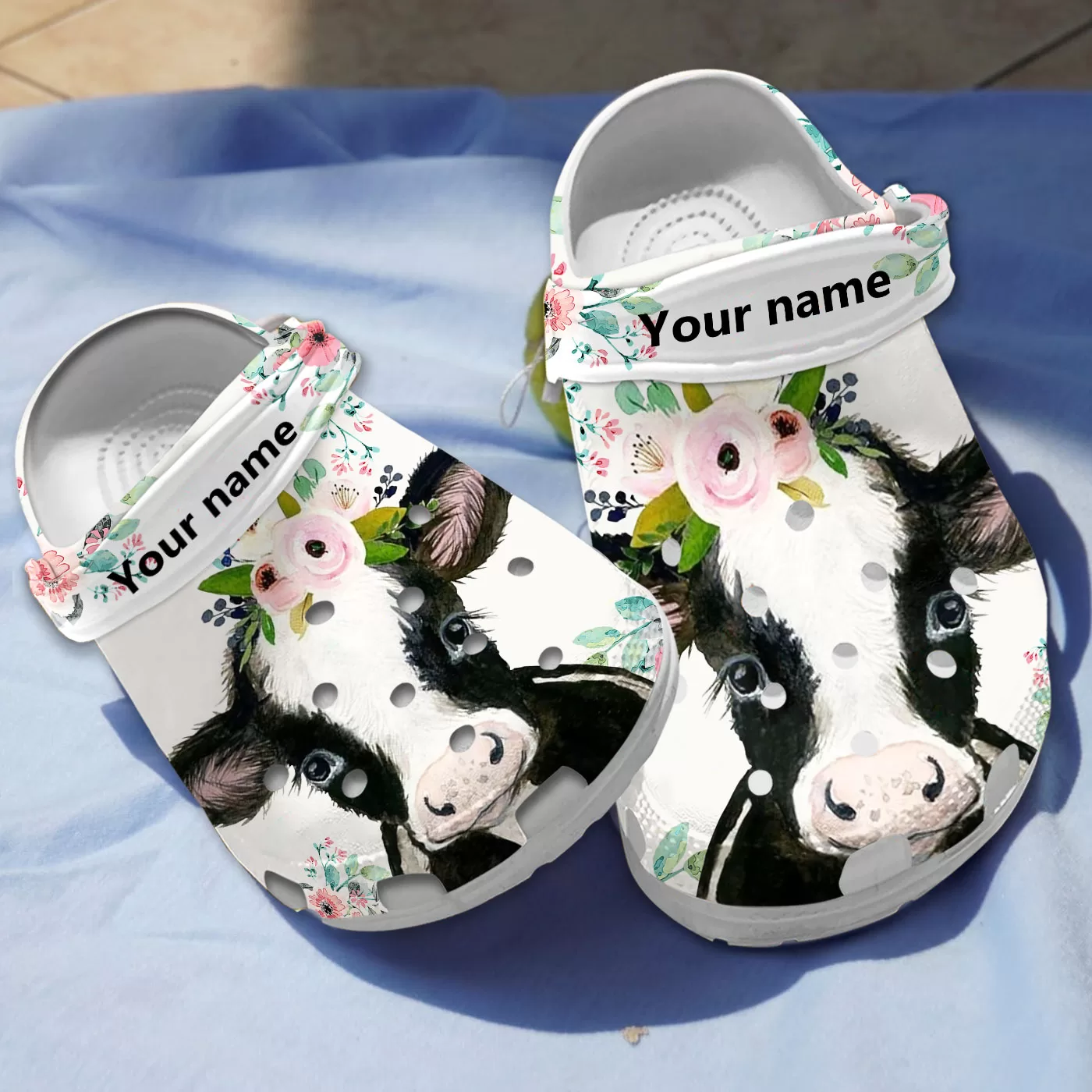 Floral Highland Cattle Face Custom Name Crocs - Design by Crocodile