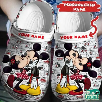 Custom Name Surprise Kiss Mickey And Minnie Mouse Clogs For Kids & Adults