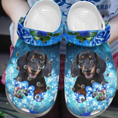 Cute Dachshund With Blue Roses Flowers Clogs Shoes