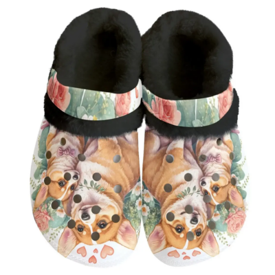 Fuzzy Lovely Corgi Design Fleece Clogs For Kids And Adult