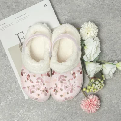 Light Pink Flora Fleece Lined Clogs For Women