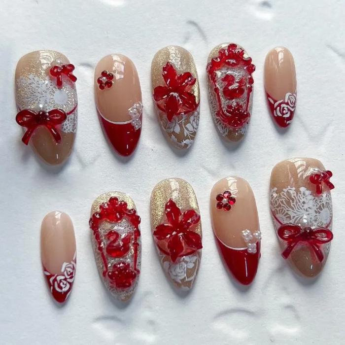Pretty Red Ribbon Coquette Dazzling Design Nail Box