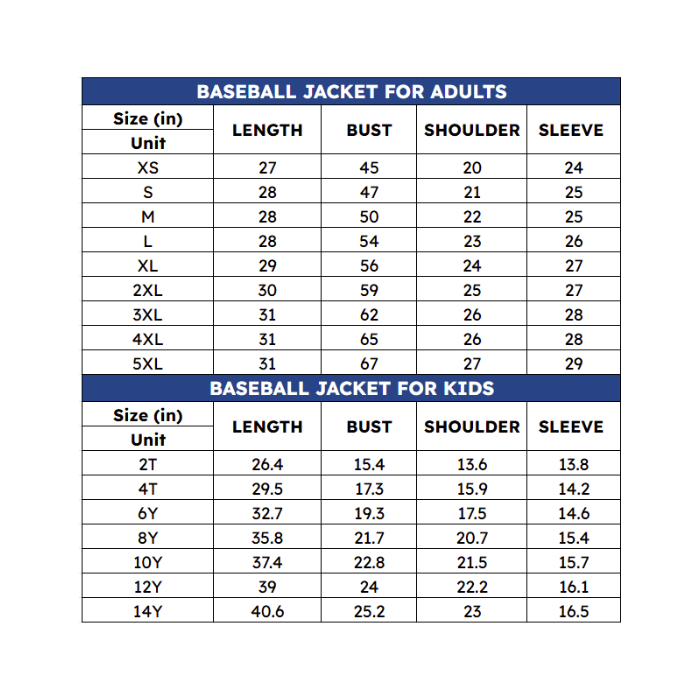 Baseball Jacket size chart - designbycrocodile.com