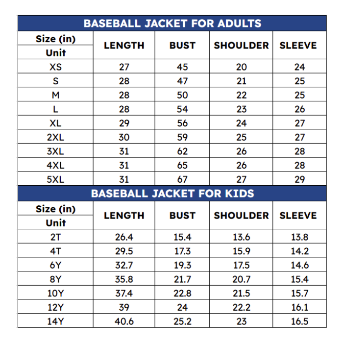 Baseball Jacket size chart - designbycrocodile.com